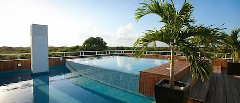 Roof top infinity pool with views to Cozumel