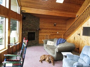 Livingroom side of great room, & Luna. Pet friendly, no weight limits/pet fees.