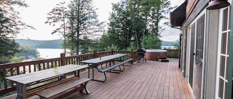 Deck Overlooking Tupper Lake with Hot Tub and Charcoal Grill