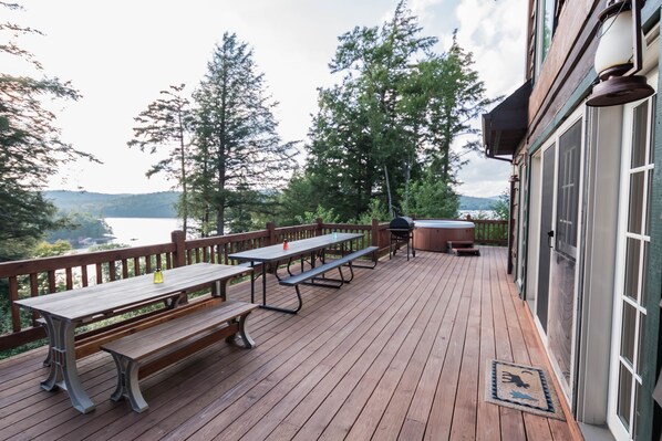 Deck Overlooking Tupper Lake with Hot Tub and Charcoal Grill
