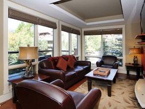 Beautiful leather furniture and sunset facing patio