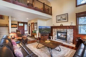 This fireplace centers the room with a large TV