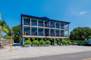 Exterior of Apartments and Low Life Restaurant Parking Area.