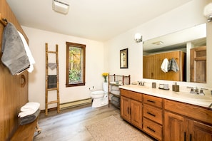 Full bathroom with cedar sauna + shower (both bathrooms on ground floor only)