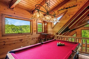 One of a kind local craftsman-made  7' pool table; loft with picture window and a view