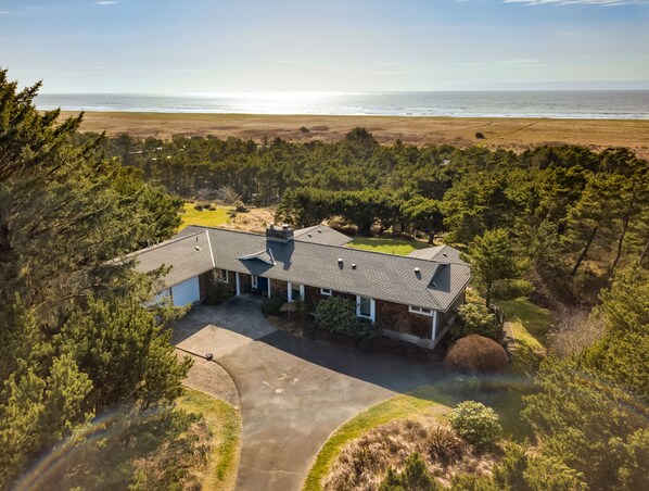 A birds eye view of the property facing west