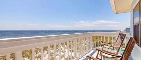 Master bedroom deck with views of the gulf and the pool.