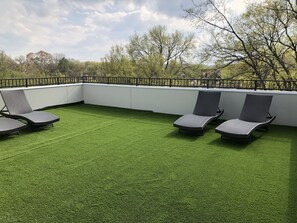 Artificial Turf on the roof, great for corn hole and yard dice. 