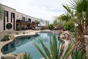 The pool / fireplace area is surrounded by Kool Deck, which does not get hot.
