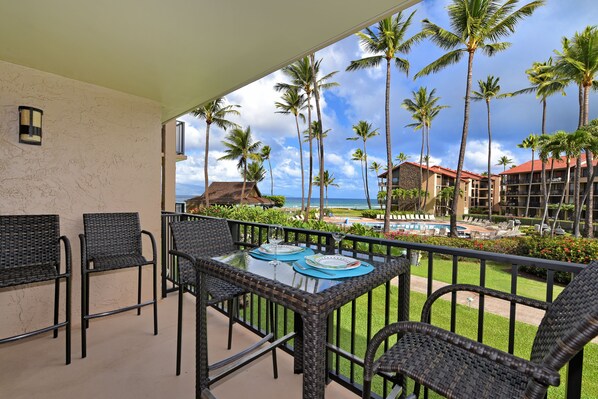 Lanai offers trade-wind breezes & beautiful views yet avoids afternoon sun glare