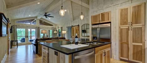 Vaulted ceilings with an open floor plan.