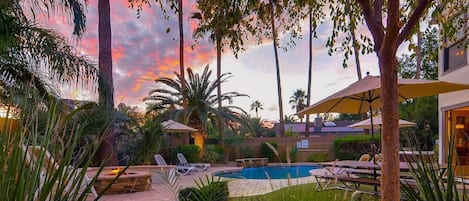 Private pool with fire pit