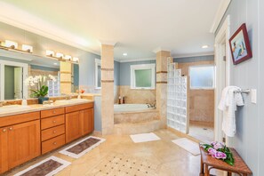 HUGE MASTER BATHROOM WITH WALK IN SHOWER, JACUZZI TUB AND HIS AND HER VANITIES