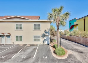 Front door and our two parking spots.