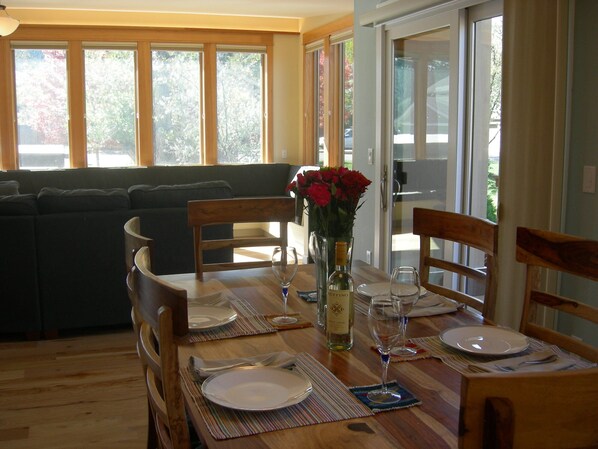 Beautifully crafted dining table looking toward the living room