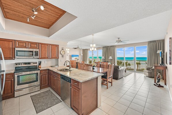 Full Gulf view from kitchen, dining area and living area..