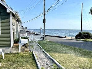 View of Long Island Sound and beach from the front lawn.