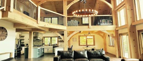 Great Room with timber frame beams.