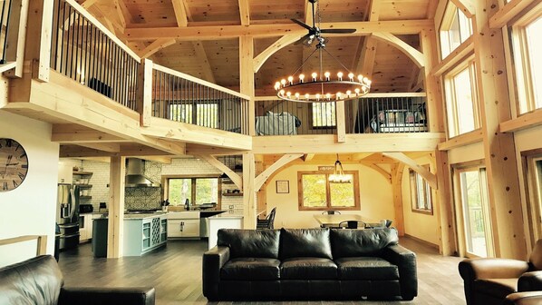 Great Room with timber frame beams.