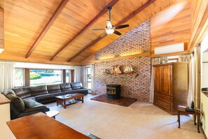 The skylights in the vaulted ceiling let plenty of natural light into home.