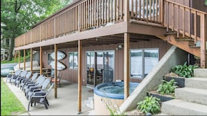 A 50 foot long deck and patio that overlook the lake.