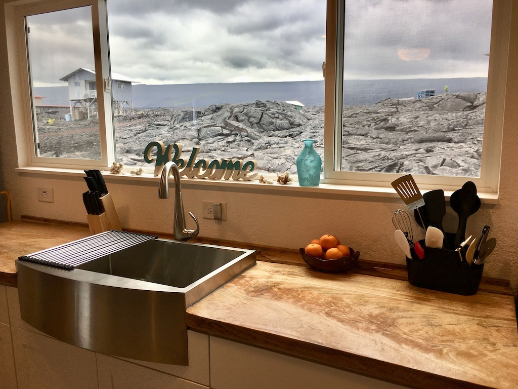 Kitchen looking out over one of the black lava fields of Hawaii Big Island
