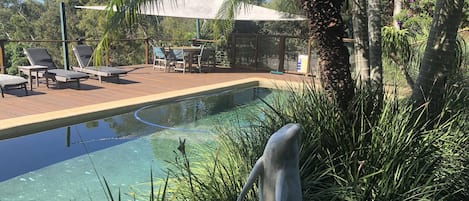 Large salt water pool with horizon views and outdoor shower