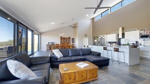 Large family room with high ceilings