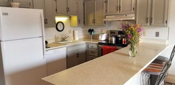 Bright, well stocked kitchen with bar.