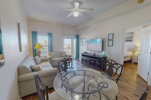 Dining for four & bar stool seating for two, in the family area.