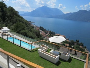 View of the communal pool and lake