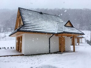 Snow, Property, Building, Window, Sky, House, Slope, Tree, Wood, Cottage
