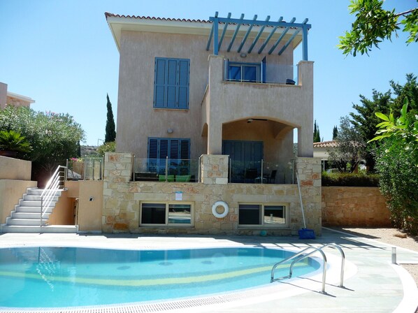 Villa Aphrodite with Private Pool Patio lounge and  Dining areas.
