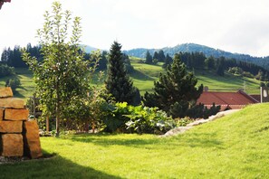 Blick in den Garten und die Berge