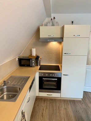 Küche mit allem Zubehör (Mikrowelle, Geschirrspüler, Herd, Backofen etc.
