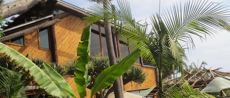 the house is perched above the surrounding homes.