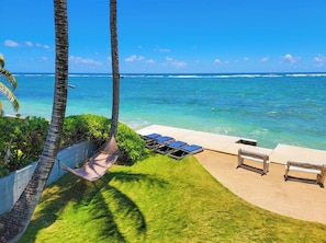 Oceanfront yard with lounge chairs and custom mango benches