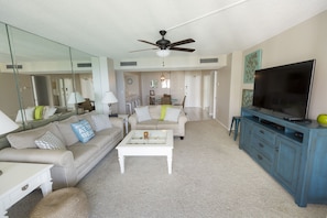 Spacious living area with queen size sleeper sofa.