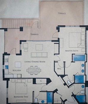 Floorplan: generous living area and private stairs to beach and pool.