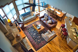 Living room from top floor balcony/office.