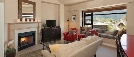 The living room features a wood burning fireplace and lovely reading area where you can take in the view!