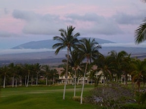 Golf course and Mona Loa just after sunset from lanai