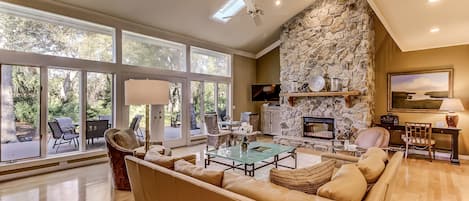 Living room with Stone Fireplace