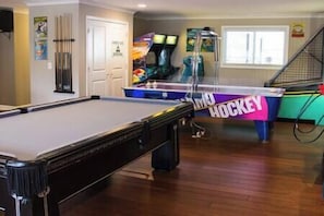 Arcade with Dynamo Air Hockey table and restored Brunswick Regina Pool table