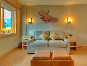 The bright, open living area features a double sofa bed, a flat panel TV, and large windows.