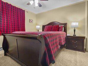 Queen size bed TV and ceiling fan in the bedroom