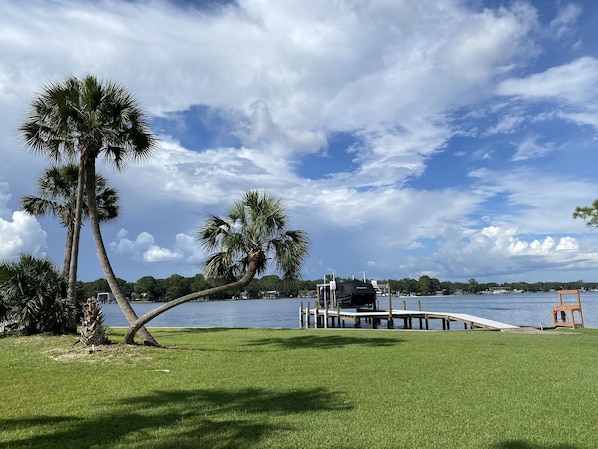 Water front, private dock,  room for several boats of various sizes or jet skis