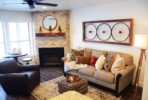 Living room with lots of natural light, see other pic for new sofa sleeper