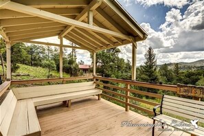 Covered seating area at front entrance