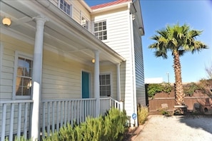 south side of the house with sitting area and chiminea (prior to re-painting)